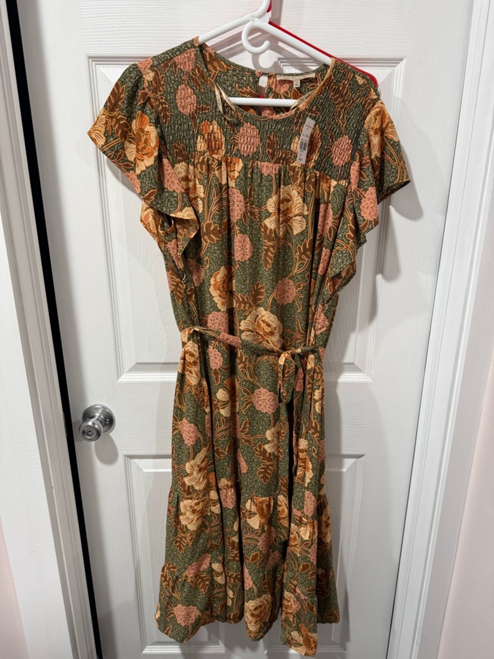 Smocked Floral Midi Dress in Olive and Peach with Self-Tie Waist